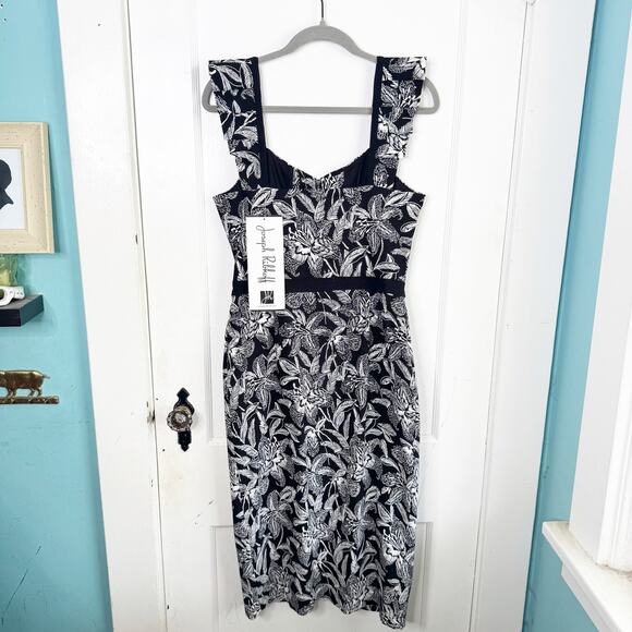 Joseph Ribkoff Zip Front Black White Floral Shift Bodycon Ruffle Dress NEW 10 - Picture 13 of 16